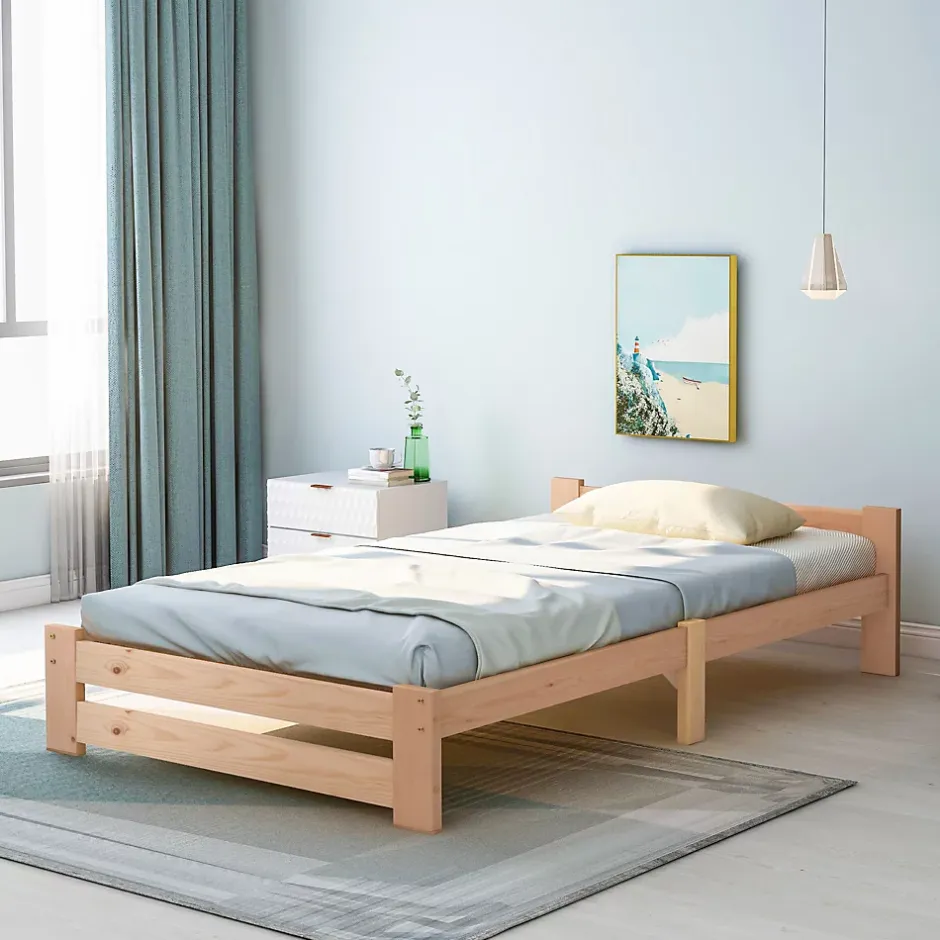 Okwish Lit Simple 90x200 cm - Lit Futon Naturel avec Tête de Lit en Bois Massif - Sommier Inclus - Minimaliste Scandinave - Sans Matelas