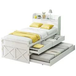 Okwish Lit Simple 90x190 cm - Lit Junior avec Tiroirs Coulissants et Table de Chevet avec Étageres, Prise USB - Bois Massif - Blanc Hot