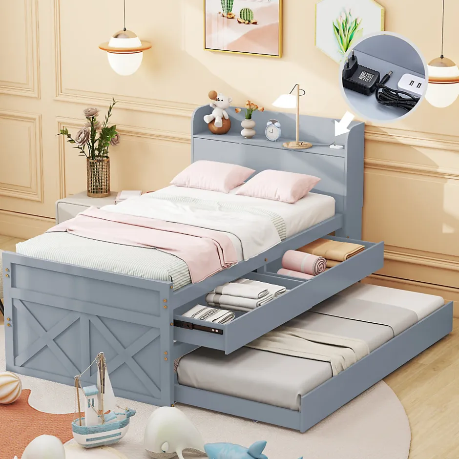 Okwish Lit Simple 90x190 cm - Lit Junior avec Tiroir Coulissant et Table de Chevet avec Étageres, Prise USB - Bois Massif - Gris