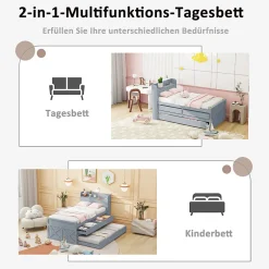 Okwish Lit Simple 90x190 cm - Lit Junior avec Tiroir Coulissant et Table de Chevet avec Étageres, Prise USB - Bois Massif - Gris