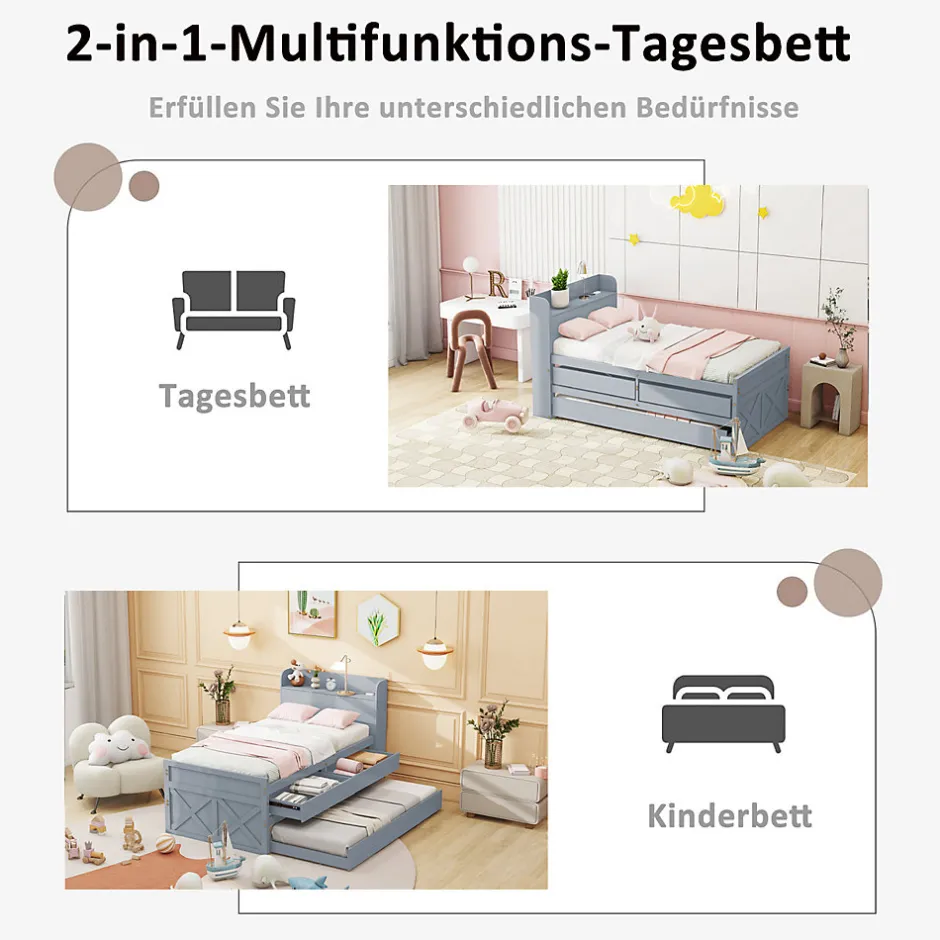 Okwish Lit Simple 90x190 cm - Lit Junior avec Tiroir Coulissant et Table de Chevet avec Étageres, Prise USB - Bois Massif - Gris