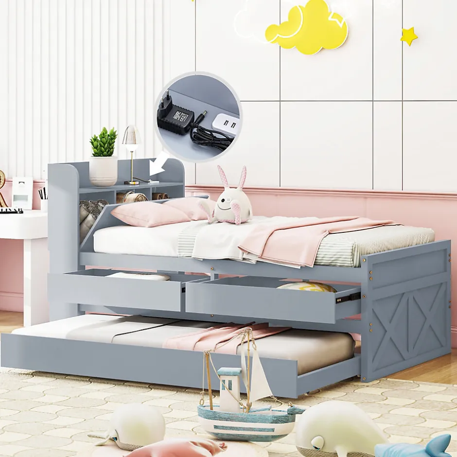 Okwish Lit Simple 90x190 cm - Lit Junior avec Tiroir Coulissant et Table de Chevet avec Étageres, Prise USB - Bois Massif - Gris