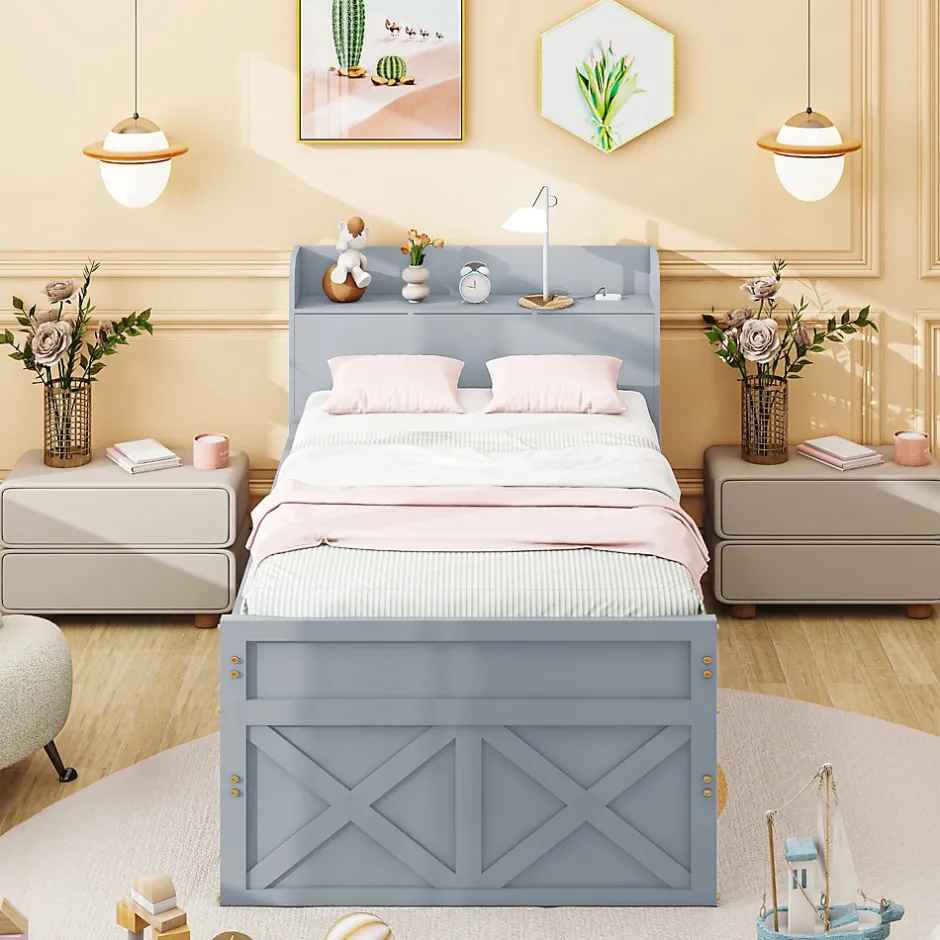 Okwish Lit Simple 90x190 cm - Lit Junior avec Tiroir Coulissant et Table de Chevet avec Étageres, Prise USB - Bois Massif - Gris