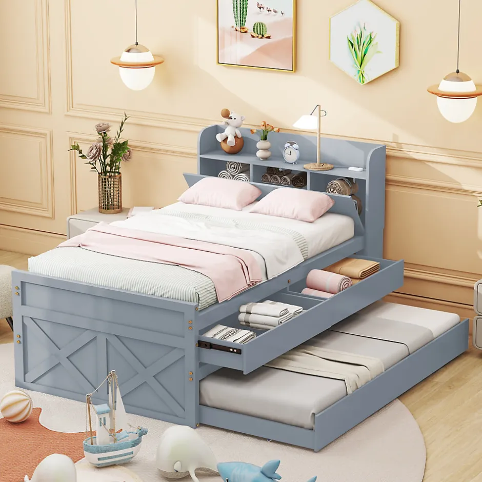 Okwish Lit Simple 90x190 cm - Lit Junior avec Tiroir Coulissant et Table de Chevet avec Étageres, Prise USB - Bois Massif - Gris