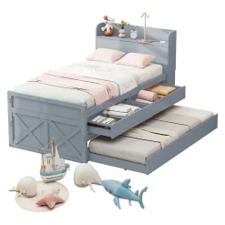 Okwish Lit Simple 90x190 cm - Lit Junior avec Tiroir Coulissant et Table de Chevet avec Étageres, Prise USB - Bois Massif - Gris