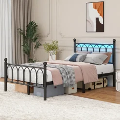 Okwish Lit Simple 120x200 cm - Lit Métal Ado Vintage avec LED et Ports USB, Barres Acier Renforcées, Sans Matelas - Métal Noir