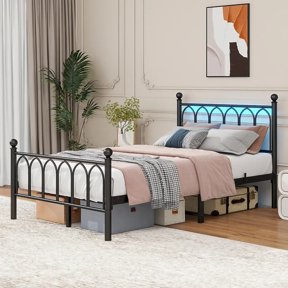 Okwish Lit Simple 120x200 cm - Lit Métal Ado Vintage avec LED et Ports USB, Barres Acier Renforcées, Sans Matelas - Métal Noir