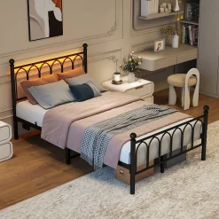 Okwish Lit Simple 120x200 cm - Lit Métal Ado Vintage avec LED et Ports USB, Barres Acier Renforcées, Sans Matelas - Métal Noir