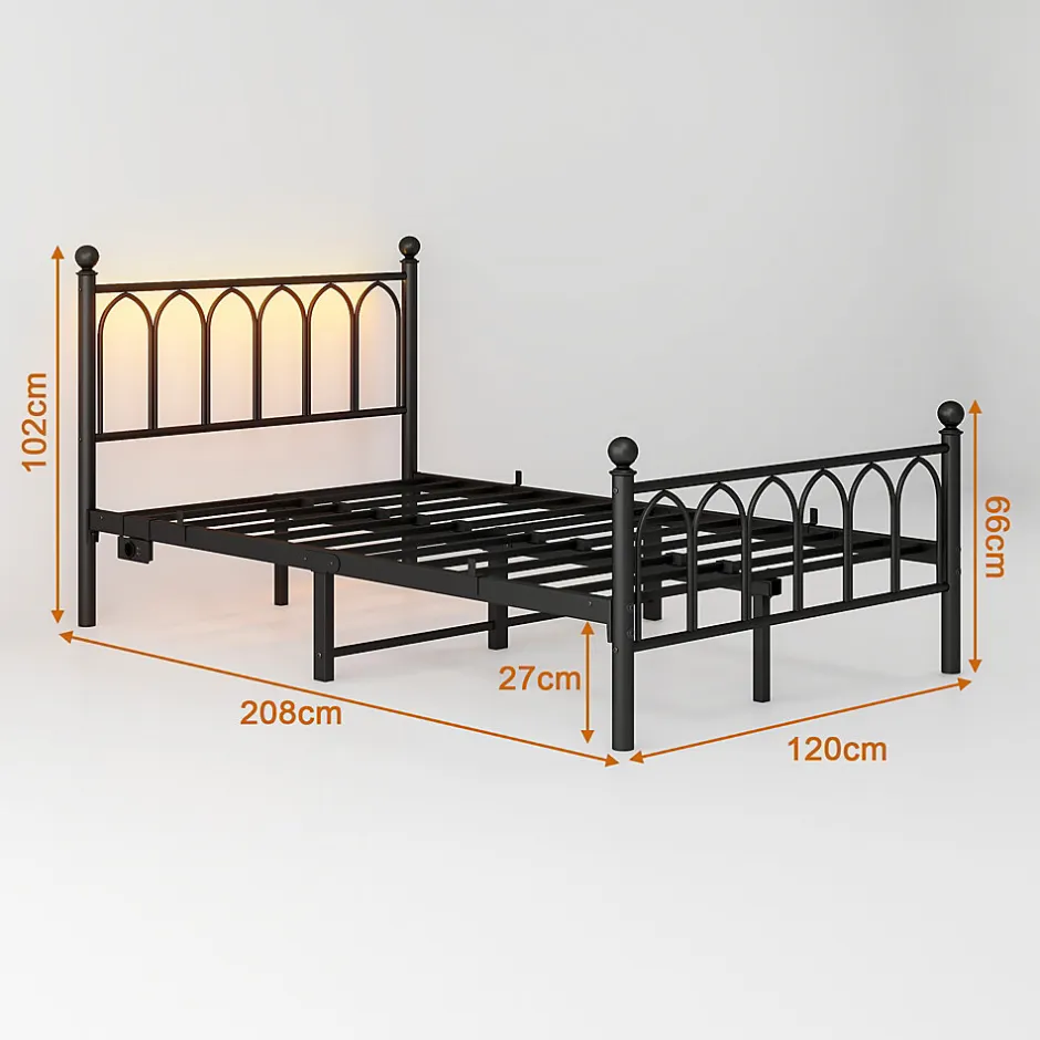 Okwish Lit Simple 120x200 cm - Lit Métal Ado Vintage avec LED et Ports USB, Barres Acier Renforcées, Sans Matelas - Métal Noir