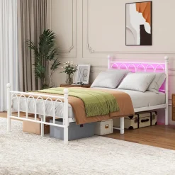 Okwish Lit Simple 120x200 cm - Lit Métal Ado Vintage avec LED et Ports USB, Barres Acier Renforcées, Sans Matelas - Métal Blanc Hot