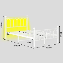 Okwish Lit Simple 120x200 cm - Lit Métal Ado Vintage avec LED et Ports USB, Barres Acier Renforcées, Sans Matelas - Métal Blanc Hot