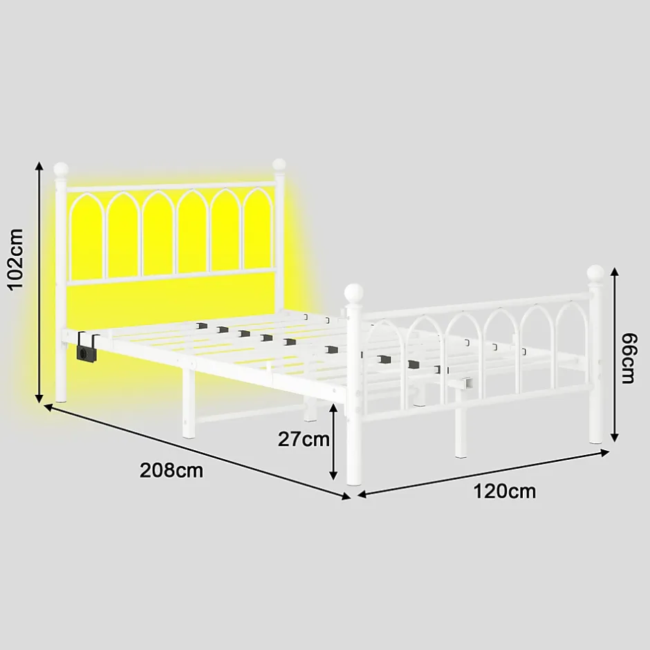 Okwish Lit Simple 120x200 cm - Lit Métal Ado Vintage avec LED et Ports USB, Barres Acier Renforcées, Sans Matelas - Métal Blanc Hot