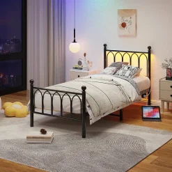 Okwish Lit Simple 90x200 cm - Lit Métal Ado avec Éclairage LED et Ports USB, Barres Acier Renforcées, Sans Matelas - Métal Noir