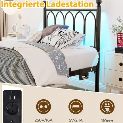 Okwish Lit Simple 90x200 cm - Lit Métal Ado avec Éclairage LED et Ports USB, Barres Acier Renforcées, Sans Matelas - Métal Noir