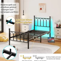 Okwish Lit Simple 90x200 cm - Lit Métal Ado avec Éclairage LED et Ports USB, Barres Acier Renforcées, Sans Matelas - Métal Noir
