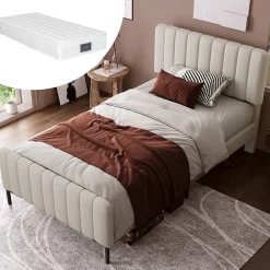 Okwish Lit simple 90x200 cm - Lit rembourré avec tête de lit capitonnée - Lin - Matelas Inclus - Gris-Beige
