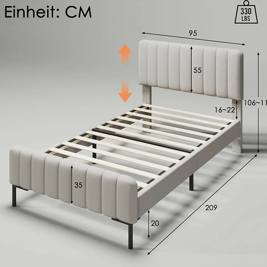 Okwish Lit simple 90x200 cm - Lit rembourré avec tête de lit capitonnée - Lin - Matelas Inclus - Gris-Beige