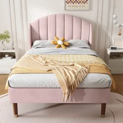 Okwish Lit Simple 90x200 cm - Lit Rembourré ado - Velours - Sans Matelas - Rose Outlet
