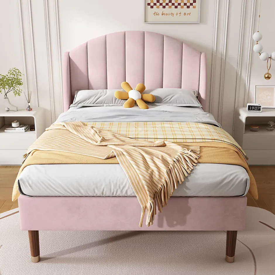 Okwish Lit Simple 90x200 cm - Lit Rembourré ado - Velours - Sans Matelas - Rose Outlet