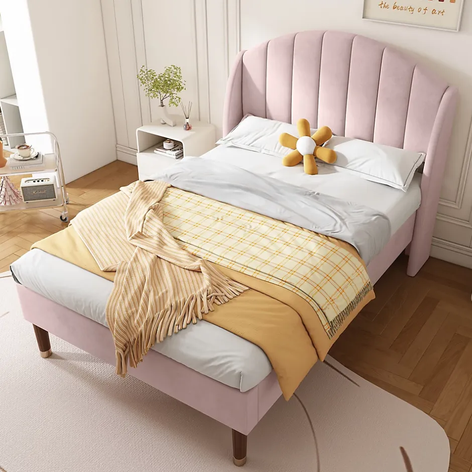 Okwish Lit Simple 90x200 cm - Lit Rembourré ado - Velours - Sans Matelas - Rose Outlet