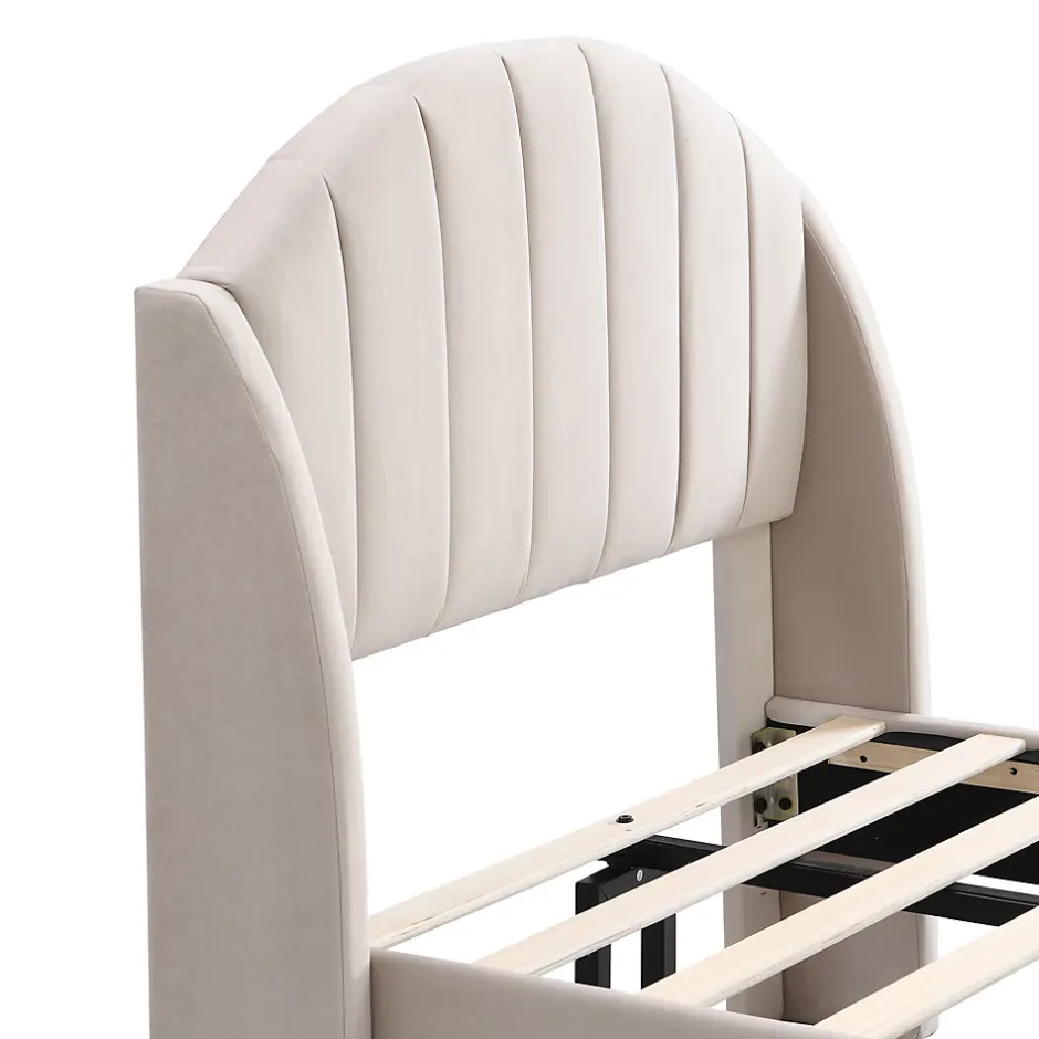 Okwish Lit Simple 90x200 cm - Lit Rembourré ado - Velours - Sans Matelas - Beige Hot