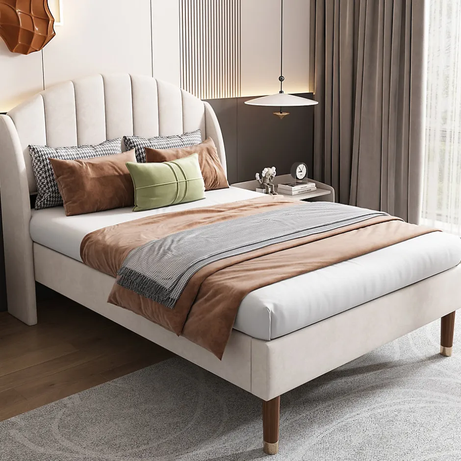 Okwish Lit Simple 90x200 cm - Lit Rembourré ado - Velours - Sans Matelas - Beige Hot