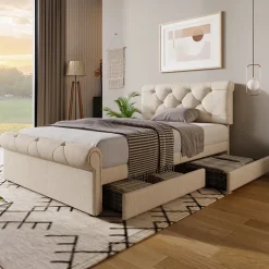 Okwish Lit simple 90x200 cm - Lit simple capitonné avec 2 Tiroirs et Tête de Lit Réglable, Gris Clair, Sans Matelas Sale