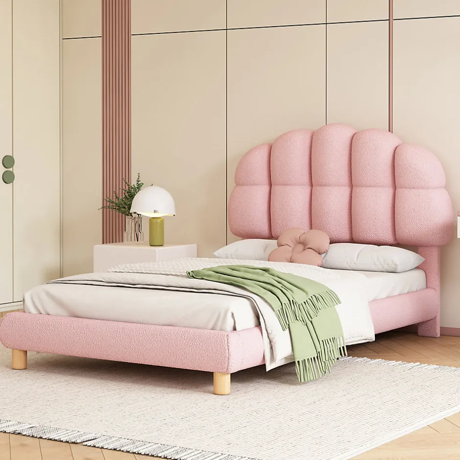Generique Lit simple 90x200 cm, avec tête de lit en forme de cercle guimauve, cadre en métal, lit capitonné en sherpa - Rose