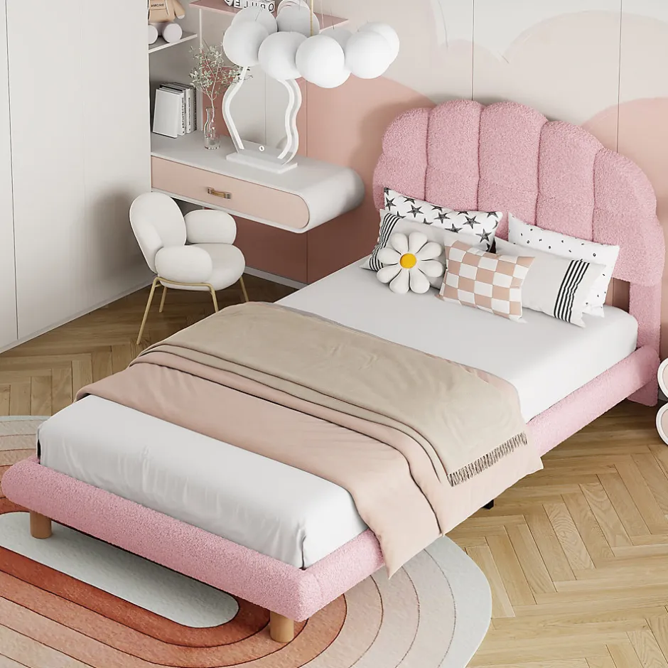 Generique Lit simple 90x200 cm, avec tête de lit en forme de cercle guimauve, cadre en métal, lit capitonné en sherpa - Rose