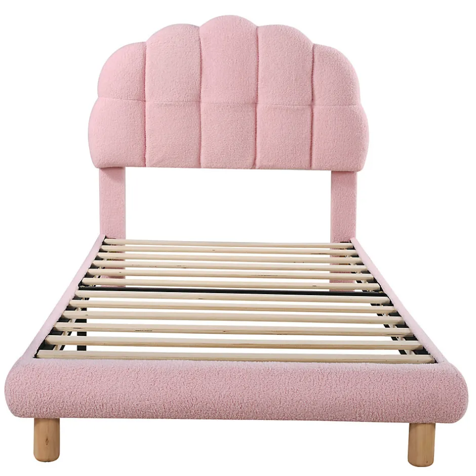 Generique Lit simple 90x200 cm, avec tête de lit en forme de cercle guimauve, cadre en métal, lit capitonné en sherpa - Rose