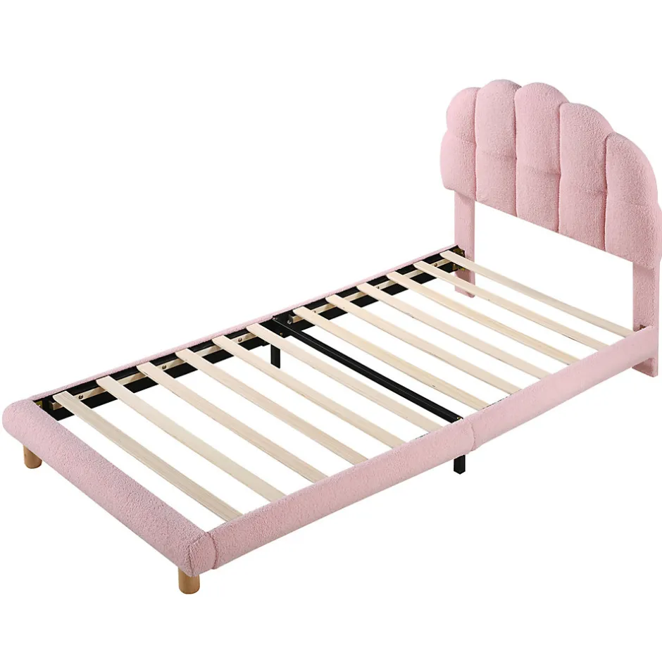 Generique Lit simple 90x200 cm, avec tête de lit en forme de cercle guimauve, cadre en métal, lit capitonné en sherpa - Rose