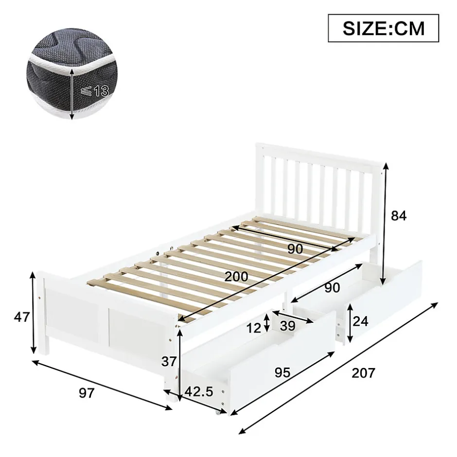 Okwish Lit Simple 90x200 cm Bois - Lit Ado ou Adulte avec Rangement Intégré sous le Sommier - Sans Matelas - Bois de Pin + MDF - Blanc
