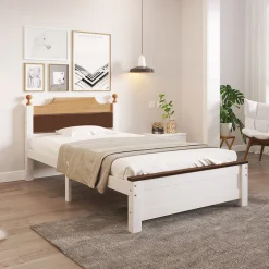 ProximaX Lit simple 90x200 cm en bois de pin avec pied central, tête et pied en MDF, design Colour-Blocking blanc, lit pour ado et adulte