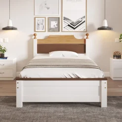 ProximaX Lit simple 90x200 cm en bois de pin avec pied central, tête et pied en MDF, design Colour-Blocking blanc, lit pour ado et adulte