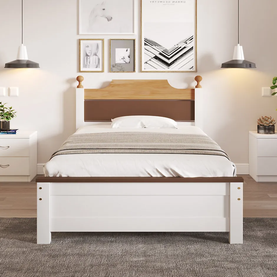 ProximaX Lit simple 90x200 cm en bois de pin avec pied central, tête et pied en MDF, design Colour-Blocking blanc, lit pour ado et adulte