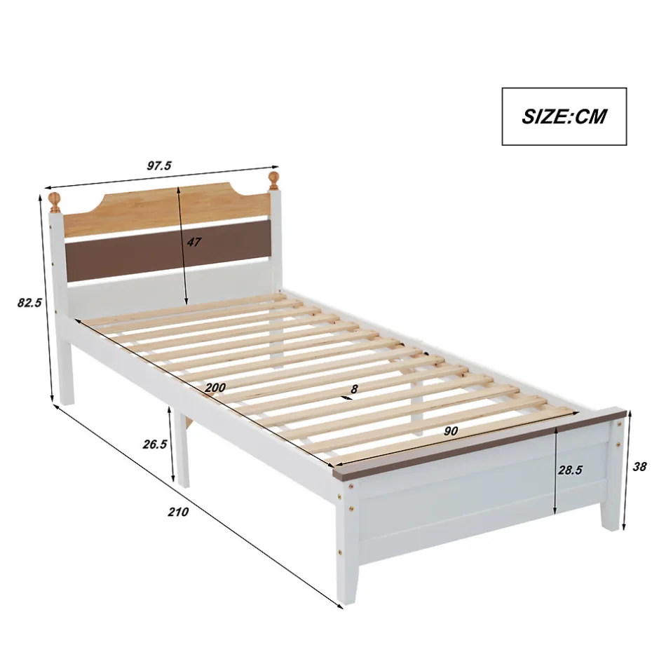 ProximaX Lit simple 90x200 cm en bois de pin avec pied central, tête et pied en MDF, design Colour-Blocking blanc, lit pour ado et adulte