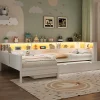 ModernLuxe Lit simple 90x200 cm en forme de L - Avec lit gigogne et 1 tiroir - LED et port USB - MDF - Blanc (sans matelas)