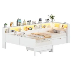 ModernLuxe Lit simple 90x200 cm en forme de L - Avec lit gigogne et 1 tiroir - LED et port USB - MDF - Blanc (sans matelas)