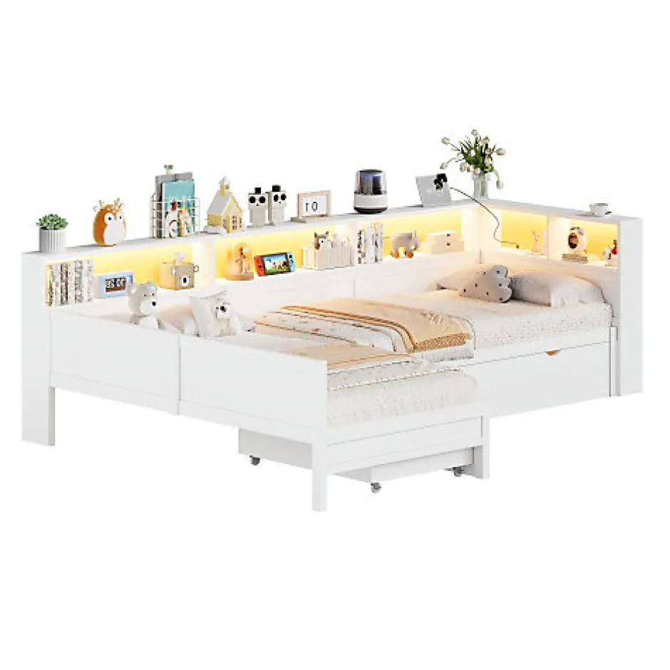 ModernLuxe Lit simple 90x200 cm en forme de L - Avec lit gigogne et 1 tiroir - LED et port USB - MDF - Blanc (sans matelas)