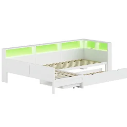 ModernLuxe Lit simple 90x200 cm en forme de L - Avec lit gigogne et 1 tiroir - LED et port USB - MDF - Blanc (sans matelas)