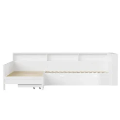 ModernLuxe Lit simple 90x200 cm en forme de L - Avec lit gigogne et 1 tiroir - LED et port USB - MDF - Blanc (sans matelas)