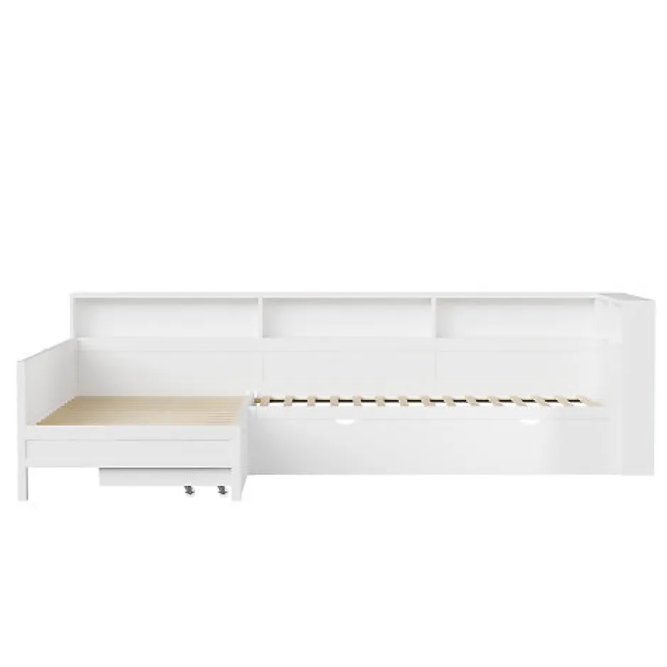 ModernLuxe Lit simple 90x200 cm en forme de L - Avec lit gigogne et 1 tiroir - LED et port USB - MDF - Blanc (sans matelas)