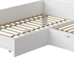 ModernLuxe Lit simple 90x200 cm en forme de L - Avec lit gigogne et 1 tiroir - LED et port USB - MDF - Blanc (sans matelas)