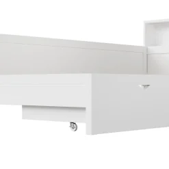 ModernLuxe Lit simple 90x200 cm en forme de L - Avec lit gigogne et 1 tiroir - LED et port USB - MDF - Blanc (sans matelas)