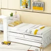 Redom Lit simple 90x190 cm en pin massif avec sommier tiroir table de chevet étagères port USB blanc