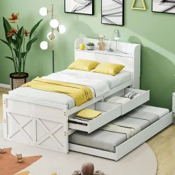 Redom Lit simple 90x190 cm en pin massif avec sommier tiroir table de chevet étagères port USB blanc
