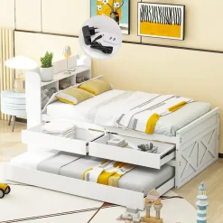 Redom Lit simple 90x190 cm en pin massif avec sommier tiroir table de chevet étagères port USB blanc