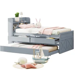 Redom Lit simple 90x190 cm en pin massif avec sommier tiroir table de chevet étagères port USB gris