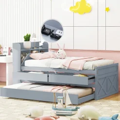Redom Lit simple 90x190 cm en pin massif avec sommier tiroir table de chevet étagères port USB gris