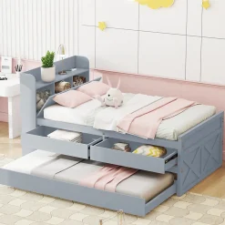Redom Lit simple 90x190 cm en pin massif avec sommier tiroir table de chevet étagères port USB gris